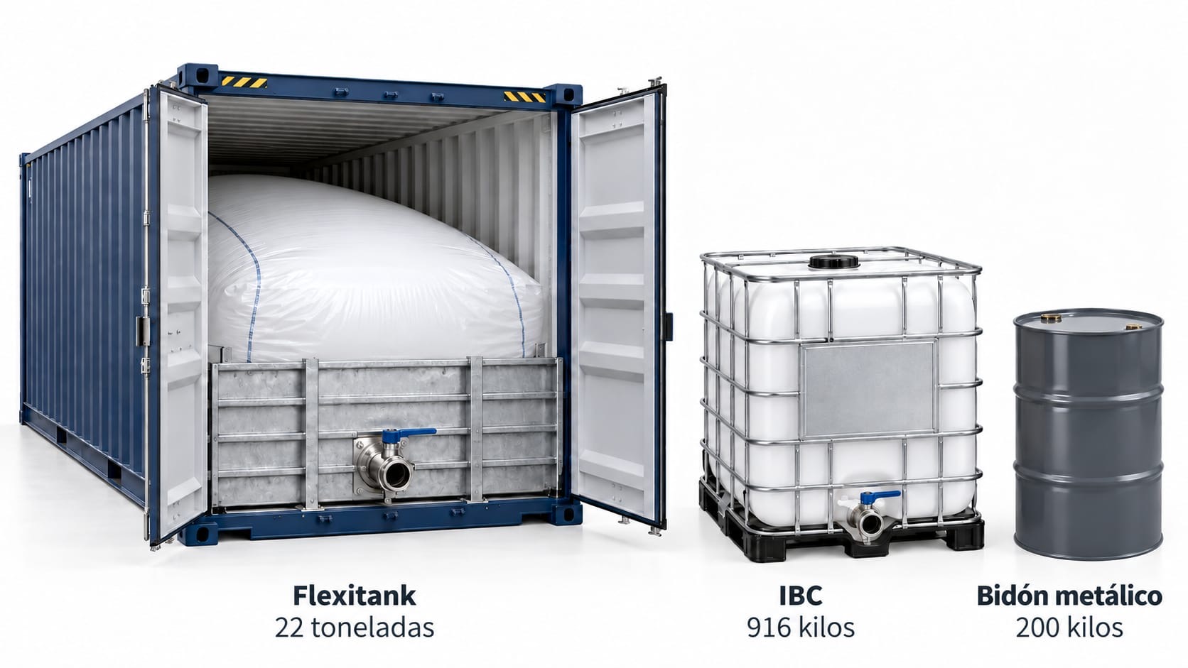 Flexitank 22 toneladas, IBC 916 kilos y bidón metálico 200 kilos